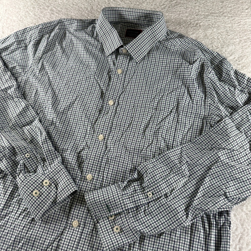 Untuckit XXL Plaid Button Up Long Sleeve Shirt Green Blue Nylon Spandex CLEAN